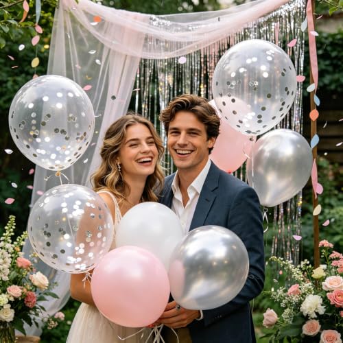 Image of 100pcs Silver Confetti Balloons 12 inch | Clear Latex balloon with Silver Confetti for Balloon Garland Arch Graduation Birthday New Years Party Decorations