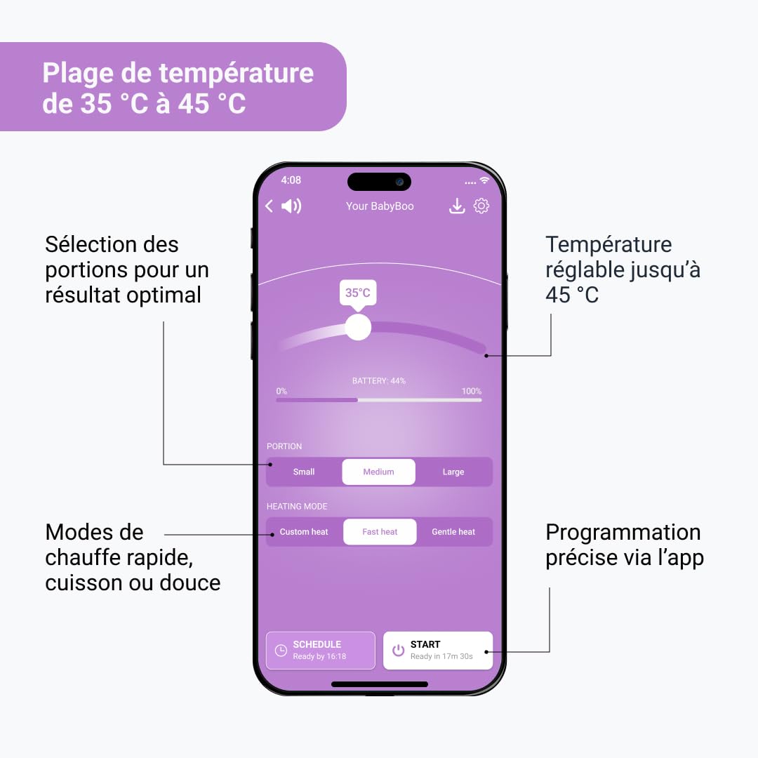 BabyBoo Chauffe-nourriture portable – Chauffe nourriture pour bébés avec batterie, contrôle via application, chauffage rapide 70 W, anneau LED, jusqu'à 45 °C, bac amovible, USB-C