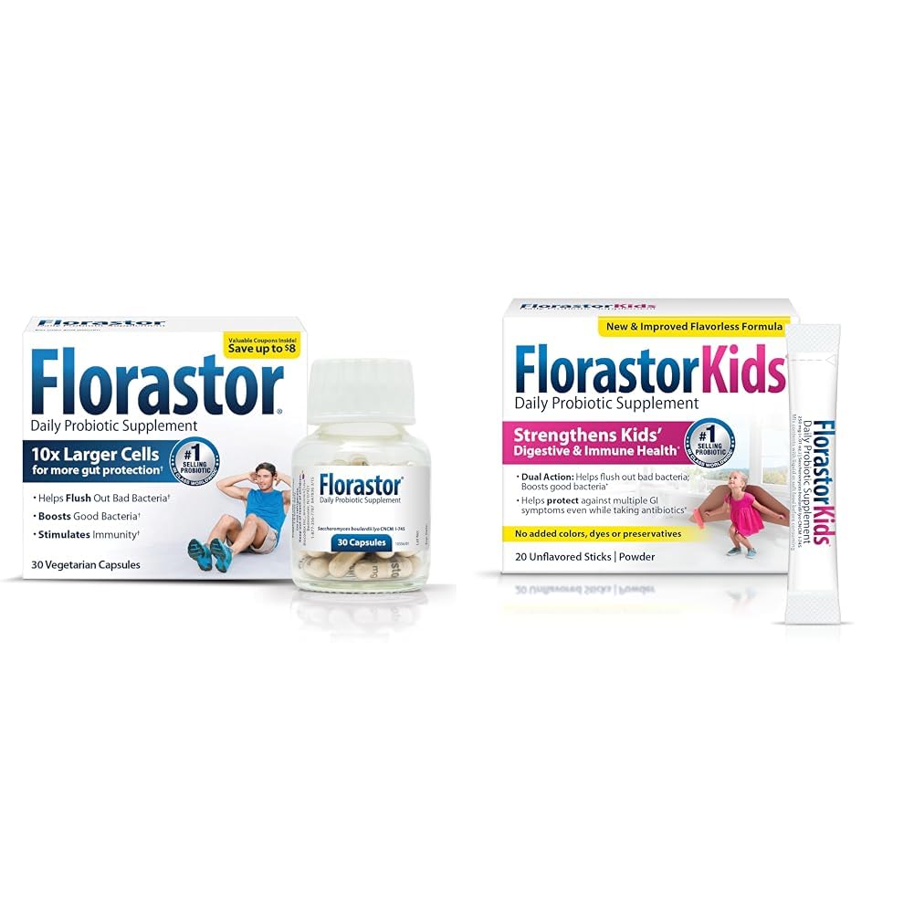 Florastor Family Probiotic Bundle - 30 ct. Probiotic for Digestive + Immune Health & 20 ct Kids Daily Probiotic - Unflavored Powder Sticks - Boost Good Bacteria & Flush Out The Bad