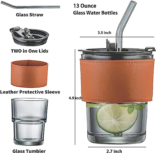 Image of Kamvy Reusable Glass Tumbler with Leather Grip Sleeve Pack of 1, 400ml Multipurpose Drinking Glasses Coffee Sipper Mugs with Straw & Lid for Juice Smoothies Iced Tea Indoor & Outdoor Cup (Black)