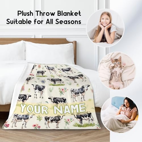 Custom Cow Blanket for Boys, Cozy Soft Throw Gifts, Cute Yellow Flannel Throw Blankets for Couch Office, 50x60 Inches