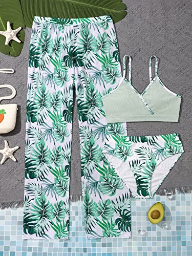 SHENHE Girl's 3 Pieces Bikini Bathing Suit Tropical Print High Waist Swimsuit Cover Up Sets3