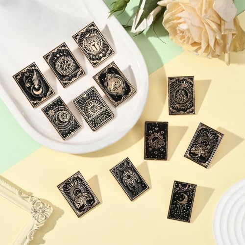 Image of SUNNYCLUE 1 Box 14Pcs 14 Styles Tarot Card Enamel Pins Gothic Brooch Pin Black Alloy Divination Cards Themed Sun Moon Star Lapel Badge Brooches Set for Backpacks Bags Clothing Decoration Accessories