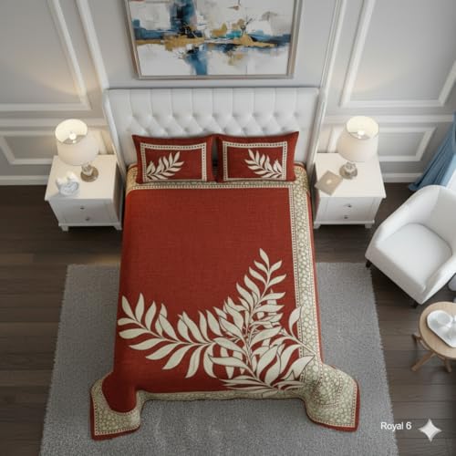 Image of Fresh from Loom Printed Bedsheet Leaf Print Print Bedsheet Set, Crafted in Chenille 500 TC Fabric with 2 Pillow Covers, Comfortable Breathable Bed Cover, Bedroom D 90x100 Inches | Rust | Chenille