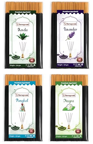 DHRUYOM 1 Kg Agarbatti Combo Pack, Kevda Lavender Panghat Mogra Incense Sticks, 250g Each Pack, Long Lasting Fragrance for Pooja & Home