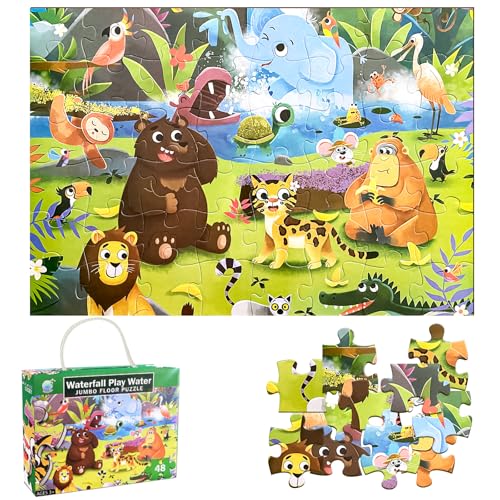 Jumbo Floor Puzzle for Kids, Dinosaur Puzzle for Kids Ages 4-8, 48pcs Jigsaw Puzzle for Toddlers 3-5 Year Old, Preschool Learning & Education Toys, Great Gift for Children(Jungle Animals)