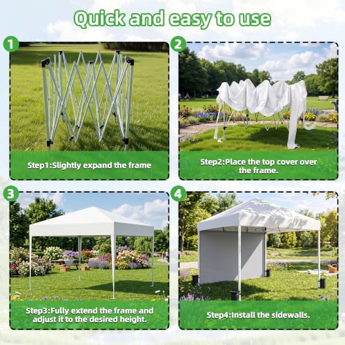 Image of 10x10 White Instant Canopy Tent 1 Sidewall Height Adjustable Portable Gazebo One-Touch Setup with Wheeled Bag for Summer Weddings, Backyard BBQ, Beach Camping, Poolside Parties