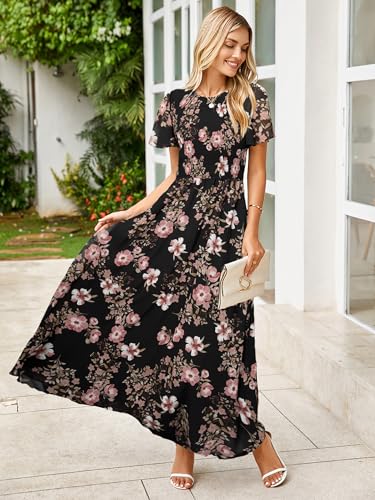 Image of Simplee Womens Casual Floral Summer Maxi Dress 2026 Boho Flowy Short Sleeve Crew Neck Vacation Smocked Chiffon Dresses