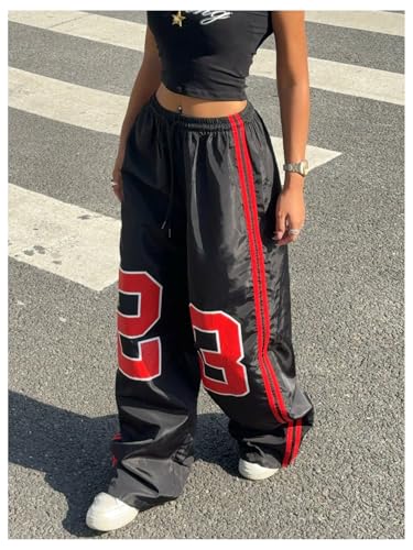 Verdusa Women's Number Striped Wide Leg Baggy Long Pants Drawstring Waist Straight Trousers4