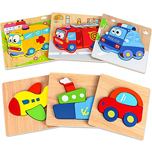Dreampark Wooden Jigsaw Puzzles, 6 Pack Vehicle Puzzles for Kids Toddlers 1 2 3 Years Old Educational Toys Gifts for Boys and Girls