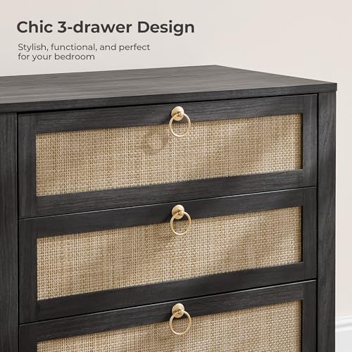 Image of SICOTAS Night Stand with Drawers, Large Rattan Bedside Table with Golden Handle, 3 Drawers Nightstand Tall End Table Side Table Boho Nightstand for Bedroom