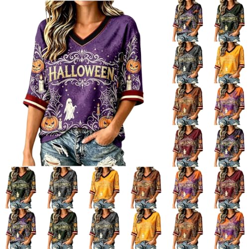 GAHIEDIM Halloween Shirts For Women,Halloween Shirts For Women 3/4 Sleeve V Neck Funny Spooky Graphic Pumpkin Tops Costume Purple Large - image 1