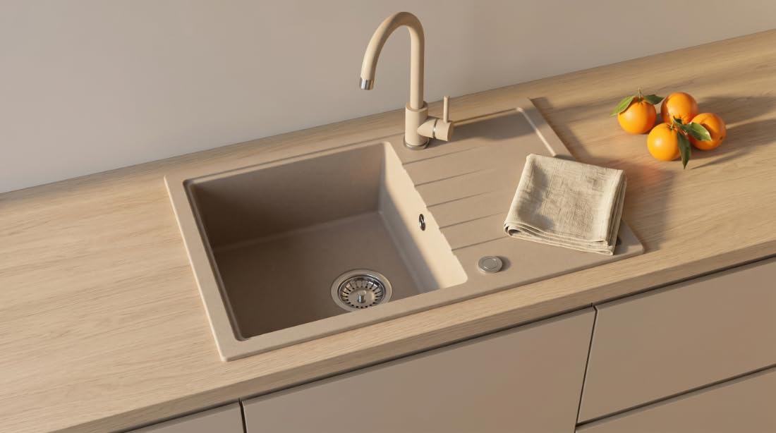 Fregadero AXION Una Cubeta Fregadero De Granito 65x50x20,5cm Beige, Fregadero De Cocina De Diseño Elegante Con Sifón, Escurridor, Fácil De Limpiar, Resistente A Los Arañazos