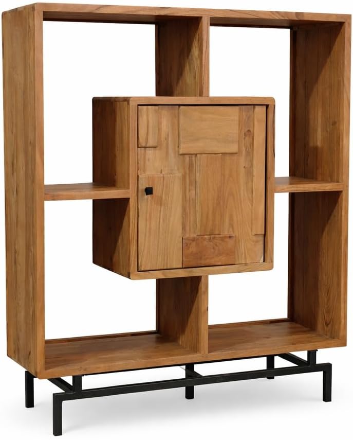 Cube Display Unit Acacia Wood Living Room Storage Cabinet – Shelving for Book Storage with Door – Assembled Wooden Furniture