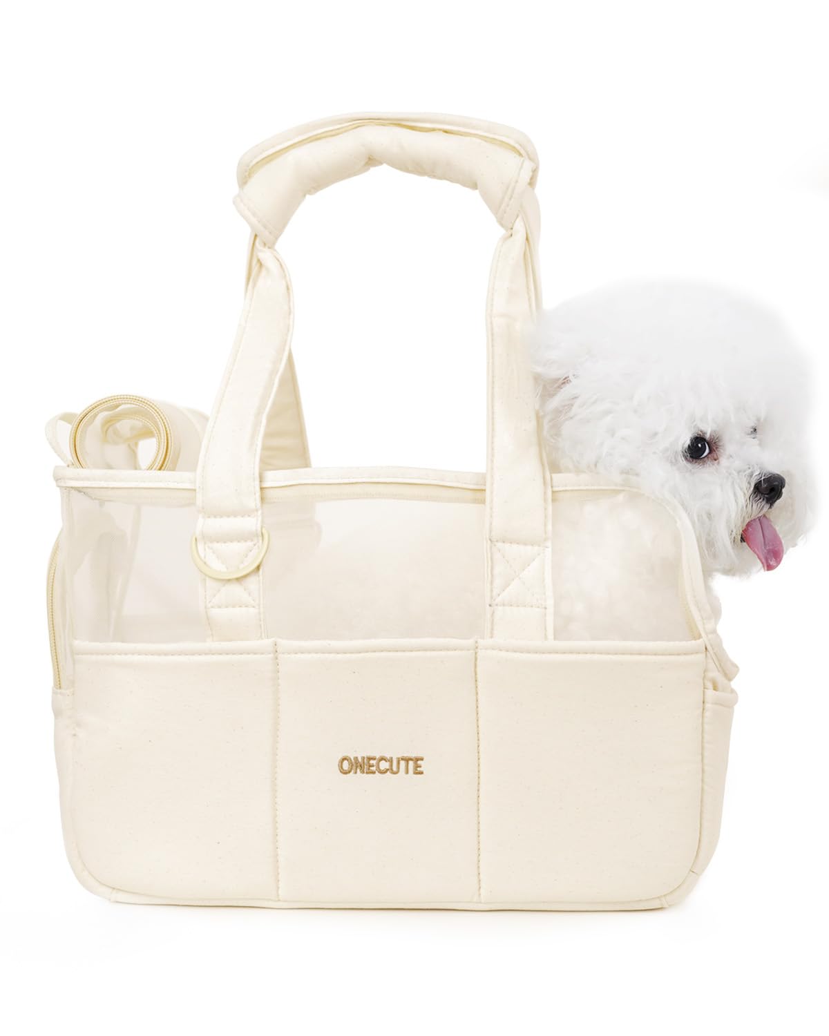ONECUTE New Large Mesh Dog Carrier for Small Dogs and Cats, Soft-Sided Pet Cat Carrier Bag, 5 Large Pockets & Foldable Puppy Sling & Handbag, Extra Breathable Pet Travel Handbag(Beige, 43 x 19 x 31cm)