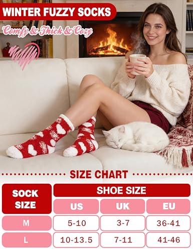 Image of Womens Fuzzy Socks Warm Fluffy Cozy Winter Slipper Thick Fleece Heart Socks 5 Pairs