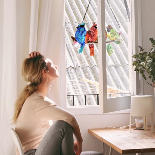 Image of DASTOLL Stained Glass Window Hanging - Hummingbird on Branch Suncatcher Hand-Painted Double Side Stain Glass Cardinal Gifts Sun Catcher for Windows Doors Room Outdoor Home Decoration