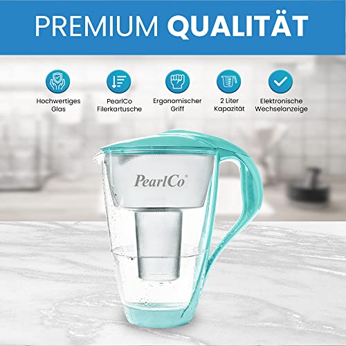 GLAS-Wasserfilter PearlCo (mint) mit 1 Protect+ classic Filterkartusche (f. hartes Wasser) - Made in EU
