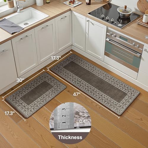 GENIMO Kitchen Mats for Floor 2 PCS Cushioned Anti-Fatigue, Geometric Waterproof Kitchen Rugs Non Slip Washable, Comfort Standing Mat Rug for Kitchen, Office, Desk, Laundry, Brown, 17