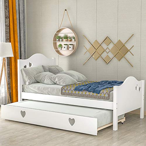 Twin Size Daybed with Trundle, WeYoung Solid Wood Twin Bed for Kids/Loving Shape