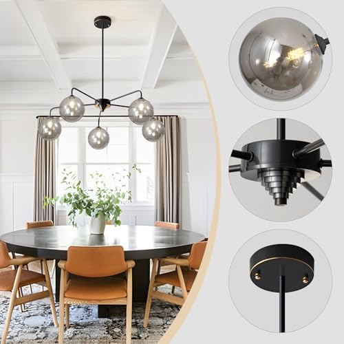 Image of Mid Century Modern Chandelier Smoky Gray Clear Glass Globe Ceiling Light Fixture 5 Light Black Sputnik Chandelier for Kitchen Dining Room Bedroom