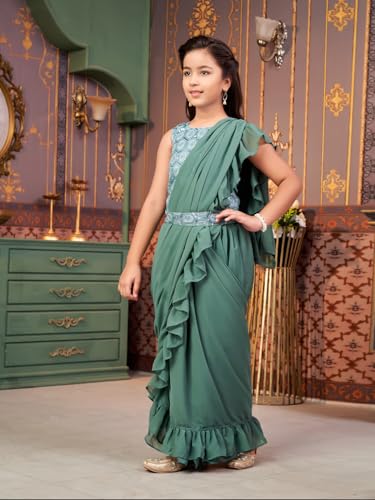 Image of Aarika Girls Ethnic Wear Green Colour Sequin Embroidery Georgette Lehenga Choli Set With Attached Dupatta