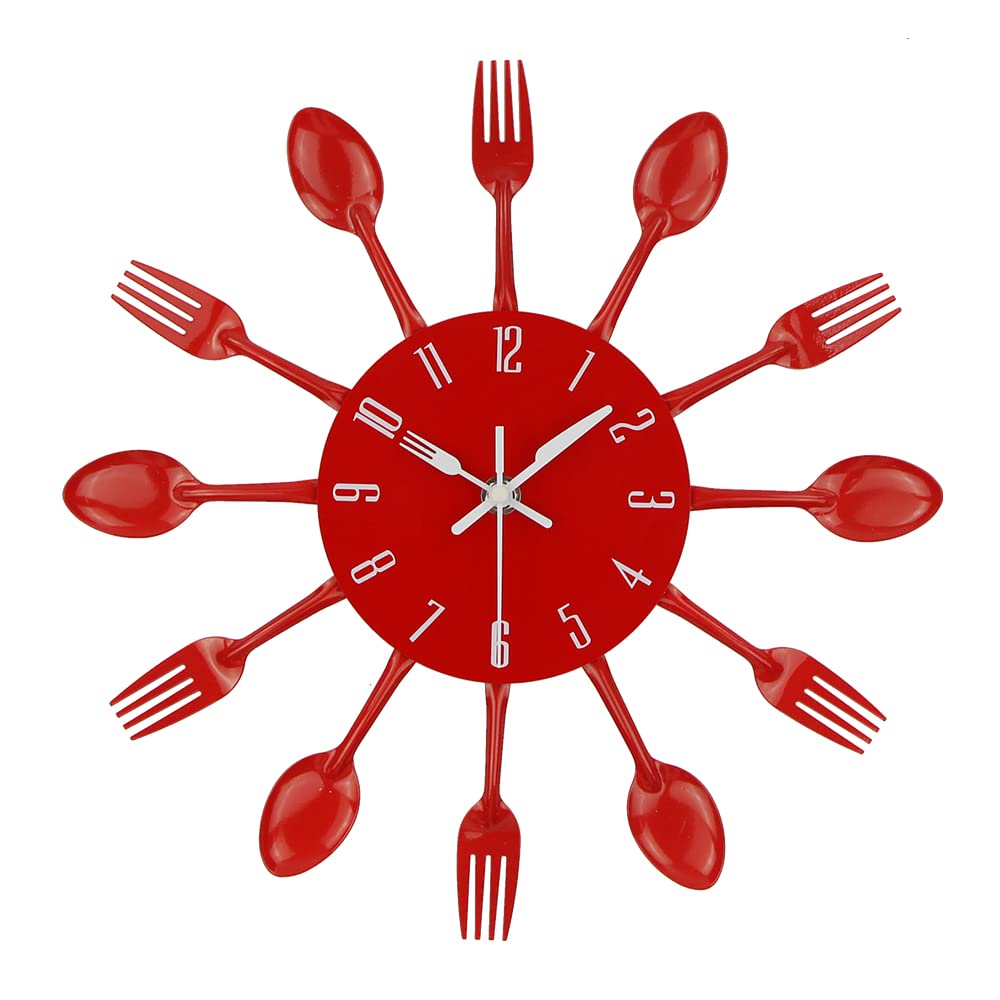 Timelike Red-33Cm 3D Removable Modern Creative Cutlery Kitchen Spoon Fork Wall Clock Mirror Wall Decal Wall Sticker Room Home Decoration