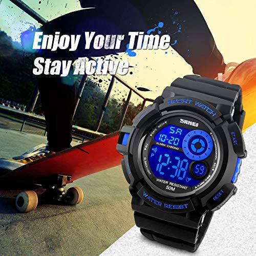 LYMFHCH Mens Sport Running Watch, Digital Electronic 50M Waterproof Military Army Sports LED Wristwatch Water Resistant with Stopwatch Unique Dial 7 Color Changeable Backlight - Blue - Image 5