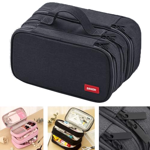 Image of Large Capacity Canvas Pencil Case With 3 Compartments - Black | Portable Canvas Stationery Organizer With Double Zippers, Simple for College, School, Office, Girl, Boy, Men, Women, Adult