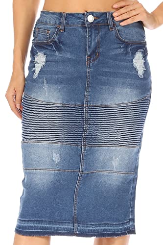 Fashion2Love Women's Juniors/Plus Size Middle - Length Stretch Denim Distressed Pencil Moto Skirt (79008)4