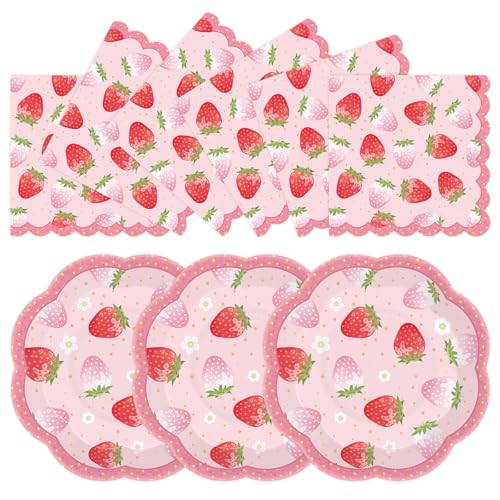 50pcs Strawberry Paper Plates and Napkins Party Decorations 7 inch Disposable Berry Birthday Dessert Plates and Napkins Fruit Themed Tableware Set Supplies for Summer Sweet One Baby Shower Berry 1st