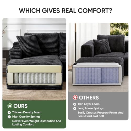 Image of Boneless Couch, 127 inch Sofas for Living Room, U Shaped Couch with Chaise | Cloud Couch Sectional with Cup Holders and Storage, Cloud Sofa with Deep Seat, Grey, Corduroy, No Assembly