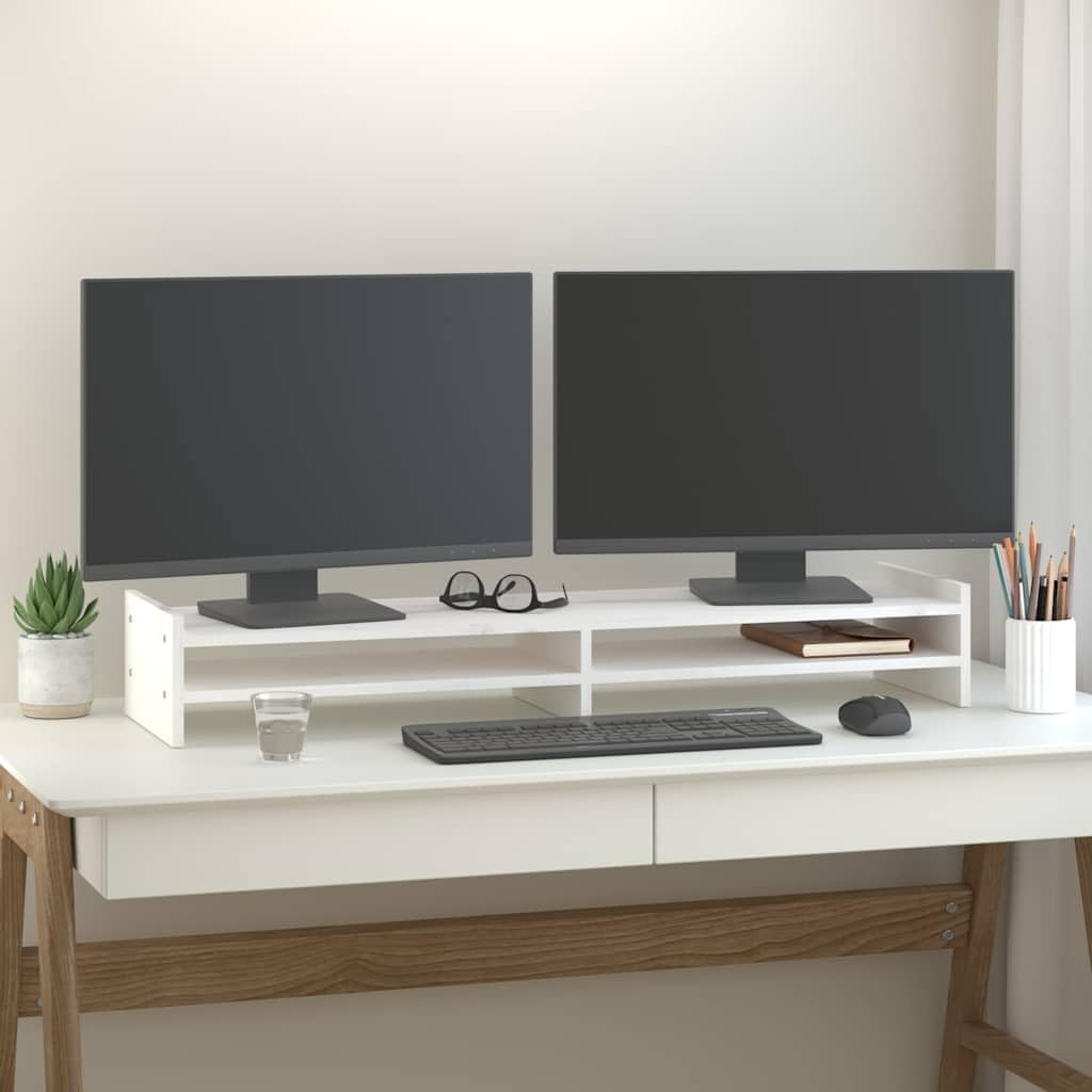 Supporto per monitor bianco in legno di pino massiccio, 100 x 27 x 15 cm, supporto da scrivania con vano portaoggetti, supporto per laptop e supporto per tablet, per ufficio, casa, postazione