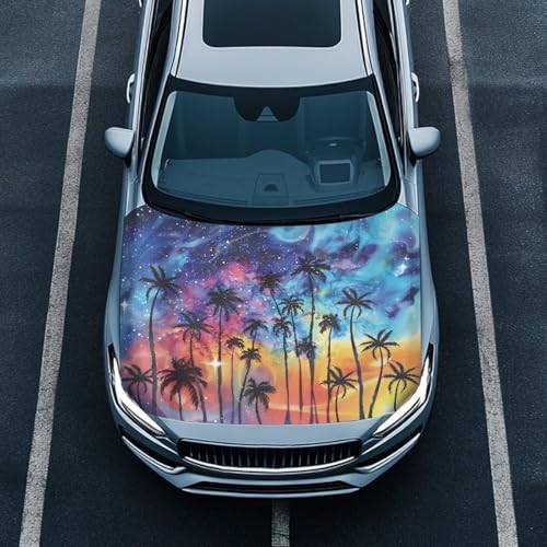 Image of 3.3x5 Ft Coconut Tree Print Car Hood Cover Elastic Polyester Car Hood Protector Snowproof Auto Accessories Suitable Most Auto Sedans Pickup Trucks SUVs