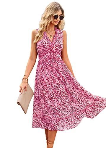 Robe midi sans manches à volants bordeaux col V profond
