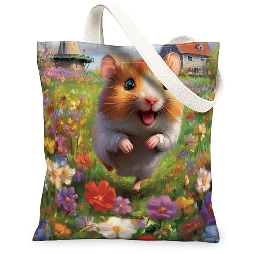 Bolsa de lona de hámster de primavera para ir de compras, 13 x 15 pulgadas, bolsa de comestibles reutilizable para mujeres, divertida flor granja, playa, pintura estética, decoración de regalo