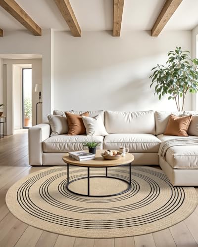 Image of Rounds Jute Carpet - Handwoven Natural Fiber Rug for Living Room, Bedroom, Entryway | Boho Chic Eco-Friendly Area Rug | Rustic Designer Floor Mat:-(Jute Tikki Black, 7x7 feet