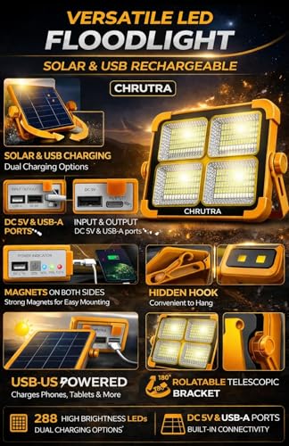 Image of SEAHELTON 100W Solar Emergency Light Rechargeable LED Flood Light with Solar & USB Charging, Portable Power Cut Light for Home, Outdoor, Camping, Waterproof High Brightness Backup Light