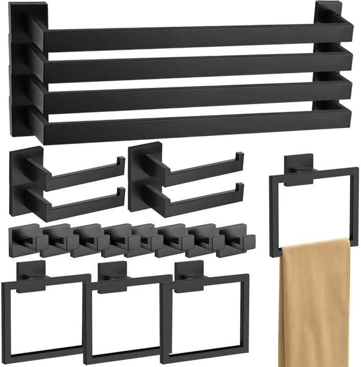20-Piece Matte Black Bathroom Hardware Accessories Set Including 23.6 Inch Bath Towel Bar, Towel Rings, Bath Toilet Paper Holders, Robe Towel Hooks Set for Bathroom Stainless Steel Wall Mounted
