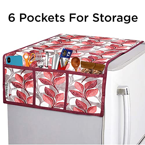 Image of Polyester 3-Layered Fridge Top Cover /Refrigerator Cover with Utility Pockets and Set of 6 Pc Fridge Mats (Color-Leaf Pink, Size-39x21 Inches)