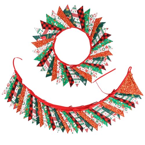 Image of Zwiebeco 32Ft Red Green Christmas Pennant Banner Triangle Flags Fabric Bunting Garland Red-Black Plaid Checkered Cotton Flag for Xmas Birthday Wedding Christmas New Year Party Home Garden Decorations