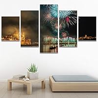 SIGNWIN 5 Panel Canvas Wall Art Building Cityscape for Home Decorations Ready to Hang - 60