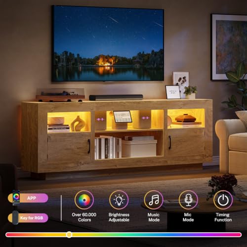Image of TEENFON TV Stand for 75 inch TV, Entertainment Center with LED Lights & Adjustble Shelves, 27.6 inchH TV Console, Media Console with Open Storage & Side Cabinets, TV Stands for Living Room, Natural Brown