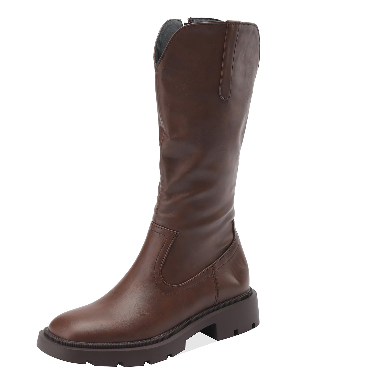 Bviennic Mujer Botas Planas Tacón Medio Botas de Media Pantorrilla Punta Rojoonda Zip Moda Botas de Montar, Talla 34-41