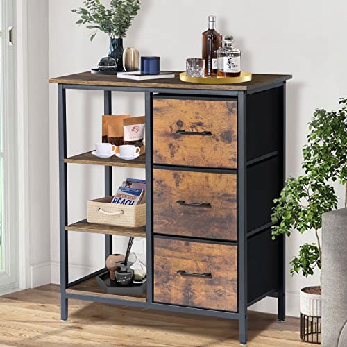 Rustic Storage Dresser With Drawers And Shelves -28''L×13''W×32''H Industrial Storage Cabinet With 3 Lightweight Linen Drawers, Metal&Wood Entryway Storage Unit,Kitchen Coffee Bar Cabinet,Dark Brown #TOP24