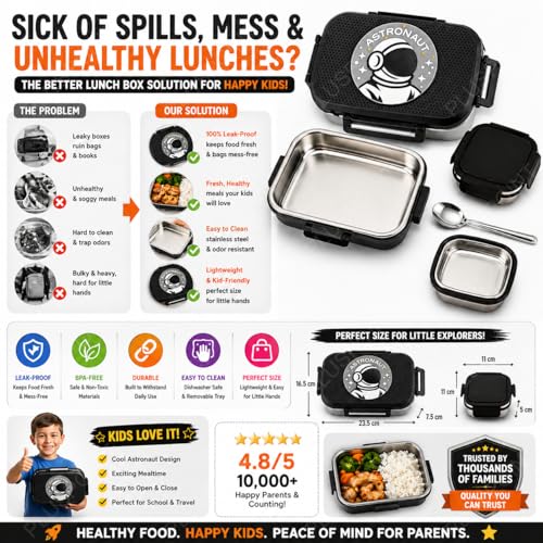 Image of PLUSPOINT Big Steel Lunch Box Space Theme Stainless Steel Lunch Box with Inner Separate Veg Box | Leak Proof and Break Resistant | Tiffin for Kids, Adults with Snap Lock | Ideal for Kids