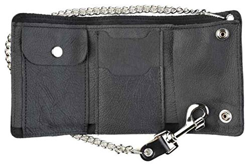 Genuine Leather Men's XL Tri-Fold Biker Chain Wallet w/Skull Snaps, Black SK3252