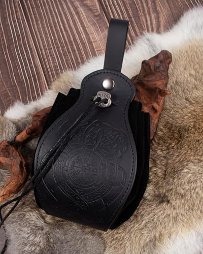Image of Leather Belt Pouch Medieval Vintage Renaissance Viking LARP Cosplay Costumes Drawstring Coin Purse Phone Holder Waist Bag (Dragon-Black)