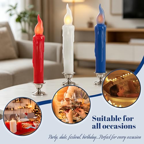 Image of Real Wax LED Flameless Short Taper Candles with Remote, 6.7 Inches 4th of July Patriotic Candlesticks Dripless Battery Operated Flame for Independence Day Home Decor, 3 Pcs
