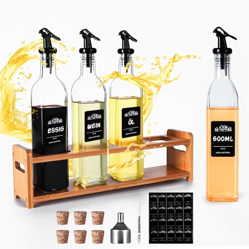SAEIV Huile D'olive Verre Set,4 Bouteille Huile Olive 500ml,1 Support Bouteille,Set Huile Vinaigre Léger et Pratique